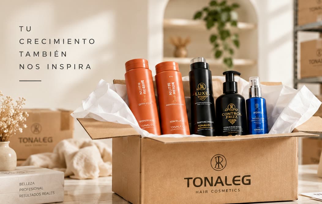 Tu crecimiento también nos inspira. Caja de despacho de Tonaleg con shampoos, acondicionadores y serum, en el depósito