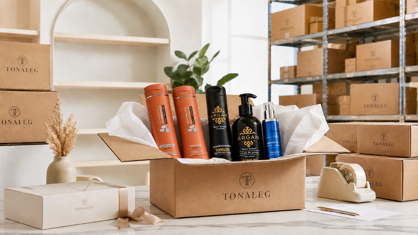 Caja de despacho de Tonaleg con shampoos, acondicionadores y serum, en el depósito