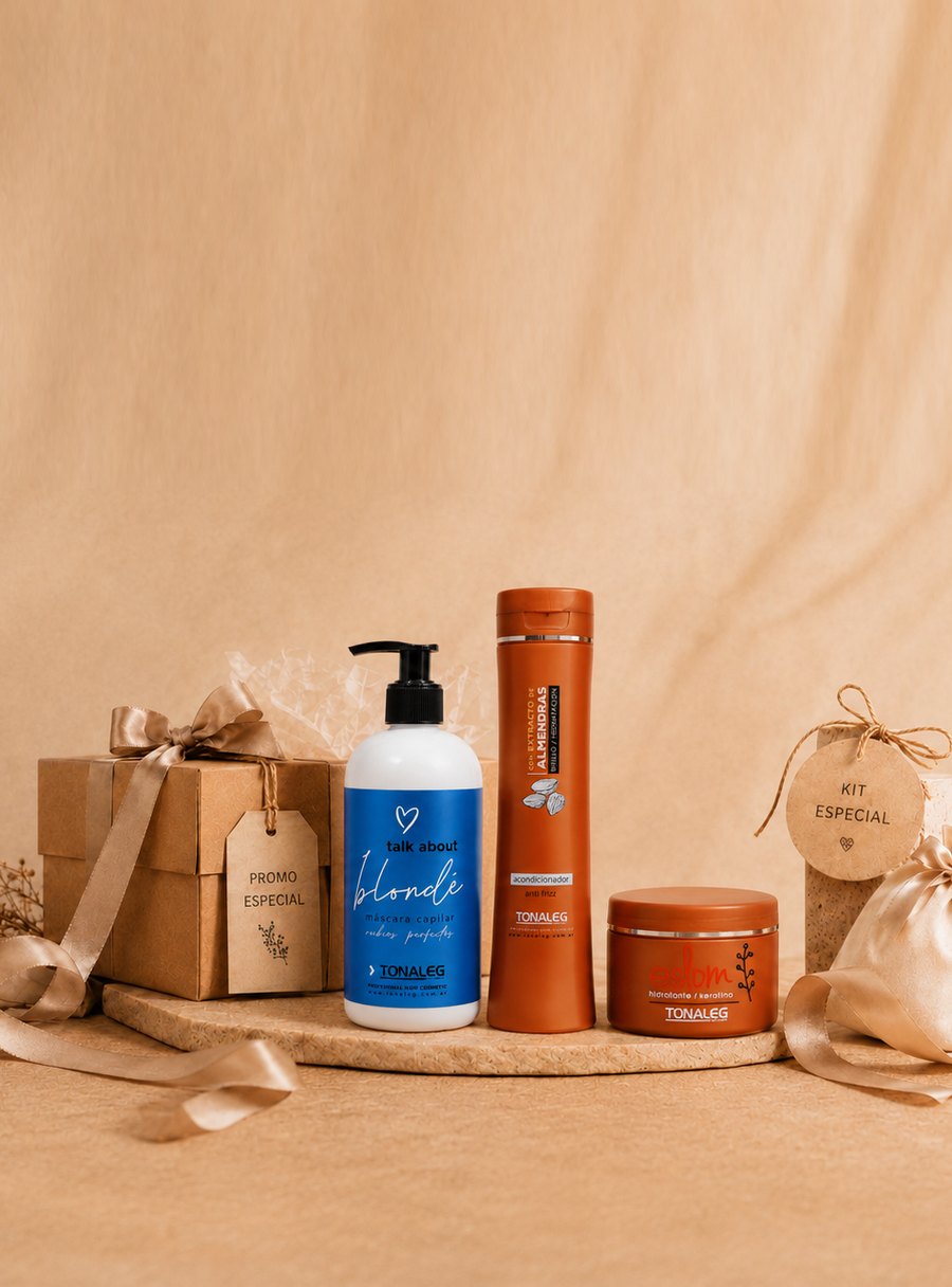 Kit especial de Tonaleg: máscara Blondé, acondicionador Almendras y máscara Eslom junto a una caja de regalo